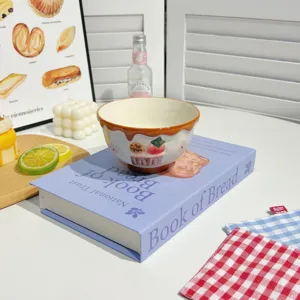 Hand-painted ceramic bowl with cute strawberry dessert design, perfect for salad and dessert.