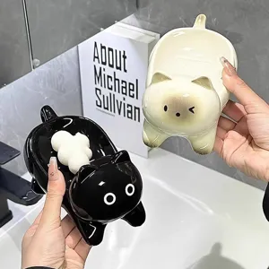 Carino portasapone in ceramica a forma di gatto con sistema di drenaggio per il bagno