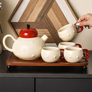 Creative Ceramic Apple Teapot And Teacups Set With Wood Tray Gift Box Modern Minimalist Red White Tea Set For Home Kitchen