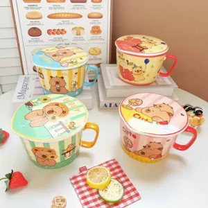 Bonito bol de fideos instantáneos de cerámica con tapa para dormitorio de estudiantes.