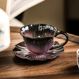 Juego de taza y platillo de café de cerámica creativa con esmalte degradado, ideal para latte.