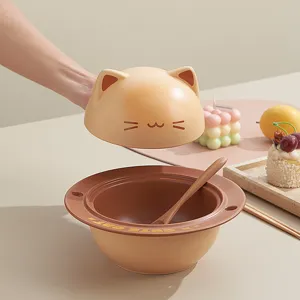 Cute cat ceramic instant noodle bowl with lid and spoon for student dorm home use main