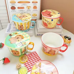 Tazon de ceramica para fideos instantaneos con tapa lindo diseño dormitorio vajilla taza desayuno