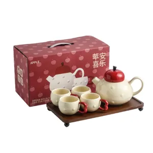 Ceramic Apple Tea Set Teapot with Four Cups and Wooden Tray Gift Box Set Home Use