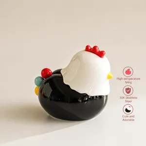 Cute ceramic chicken fruit fork storage jar set with 3 stainless steel forks for home use.