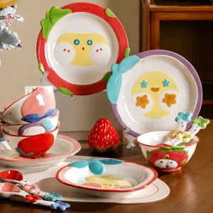 Niedlicher Cartoon Keramik Frucht Teller Salat Schüssel Geschirr Set Kawaii Mangosteen Pfirsich Erdbeere Drachenfrucht