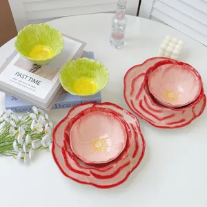 Hand-painted ceramic flower bowl and plate set with unique rose petal texture for dining.