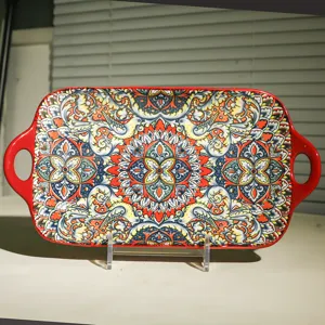 13 zoll keramik rechteckig doppelte griff platte bohemien stil vintage servierplatte teller