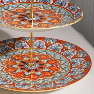 Soporte de postre de plato de fruta de cerámica de dos niveles estilo bohemio
