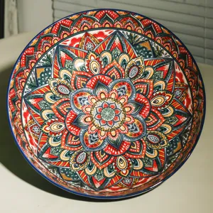 Large 10 inch bohemian ceramic soup bowl with colorful mandala glaze pattern detail.
