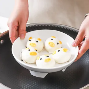 Multi-purpose ceramic steaming dish with high feet for kitchen cooking, white deep plate.