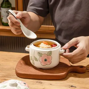 Home Ceramic Stew Pot Double Lidded Soup Bowl Ceramic Casserole With Hand-painted Floral Design For Kitchen