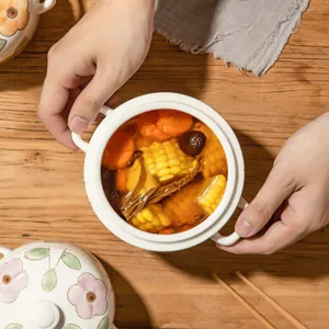 Ceramic stew pot with lid, white double-handled soup bowl displayed from top view.
