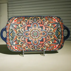 Böhmische keramik rechteckige servierplatte mit henkel buntes mandala blumen muster 13