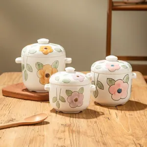 Ceramic stew pot with lid double boiler set cute hand-painted floral design for home use