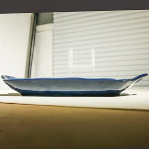 Blaue Keramik rechteckige Servierplatte Detailansicht, elegante Doppelohren Schale.