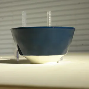 Detailaufnahme einer dunkelblauen Keramik-Reisschüssel mit weißem Boden, feine Optik.
