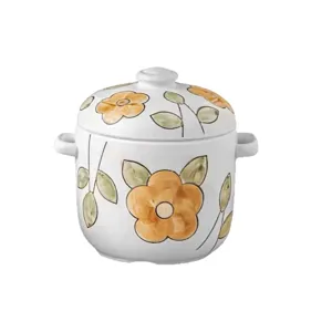 Ceramic stew pot with lid single portion floral pattern white kitchen ceramic soup bowl