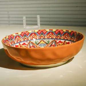 Bohemian ceramic bowl 10-inch detail view, colorful underglaze pattern soup fruit bowl.