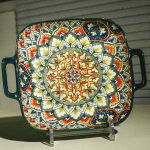 Colorful bohemian mandala pattern ceramic square baking dish and food serving plate.