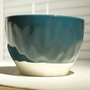 Large ceramic bowl bohemian style teal underglaze soup fruit bowl table serving tableware