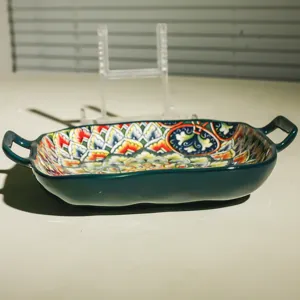 Ceramic square baking dish with double ears and colorful bohemian floral pattern for kitchen.