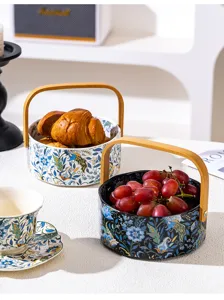 Corbeille à fruits en céramique européenne avec poignée en bois, bol floral rétro pour salon.