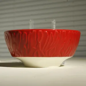 Rote Keramikschüssel mit Struktur im Detail, ideal für Suppe, Reis, Müsli und Ramen im Alltag.