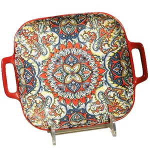 Ceramic square baking dish with double handles, bohemian red underglaze patterned dinner plate.