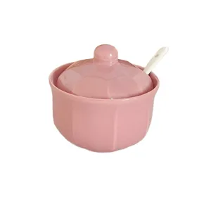 Pot à épices en céramique rose avec couvercle et cuillère pour la cuisine vue principale.