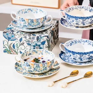 Ciotola in Ceramica con Doppia Orecchia in Stile Retro Blu e Bianco Sottosmalto Francese Tazza da Caffè Ciotola da Dessert Stoviglie Floreali Scatola Regalo
