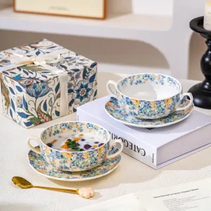 Set di ciotole e piattini in ceramica vintage francese con confezione regalo e cucchiaio.