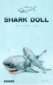 Close-up of realistic shark plush toys pillow set, soft ocean animal doll for kids home decor.