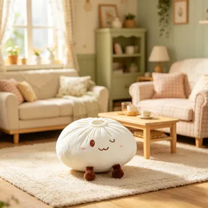 Vue détaillée du coussin pelucheux brioche vapeur douce, décoration salon douillet.