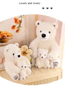 Cute fluffy polar bear mother and baby plush toy detail, soft stuffed animal room decor.