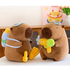 Detail view of cute capybara plush toy featuring diver design, soft fabric and lovely details.
