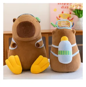 Cute capybara plush toy with diving gear and backpack, soft stuffed animal doll pillow gift for kids.