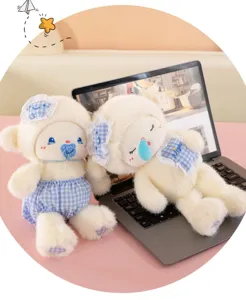 Cute plush lamb doll baby soothing toy with blue plaid bib pacifier for kids gift