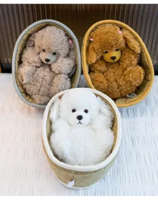 Cute plush puppy toy set in woven basket, soft stuffed animal doll detail display.