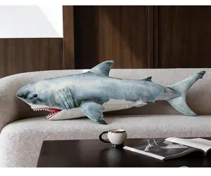 Close-up detail of the realistic shark plush toy pillow showcasing fine fabric texture.