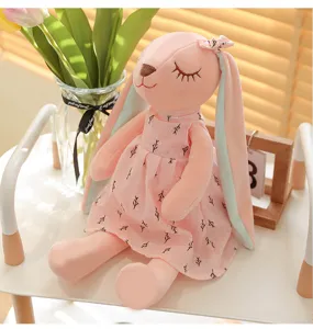 Pink floppy ear bunny plush toy cute stuffed rabbit doll with dress for kids and girls gift