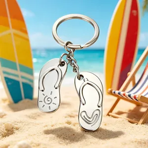 Creative Beach Flip-Flops Metal Keychain Summer Sun Heart Pattern Silver Zinc Alloy Key Ring Pendant For Couple Souvenir Gift