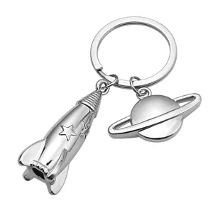 Silver metallic rocket and planet keychain pendant with star engraving on spacecraft