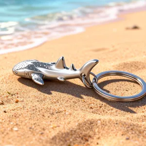 Detailed silver metal whale shark keychain ocean souvenir on a sunny beach sand