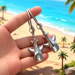 Ocean-themed silver whale shark keychains held against a sunny beach background