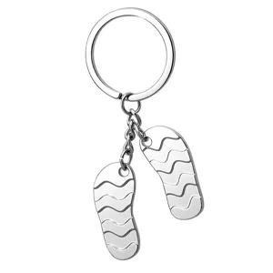 Creative metal flip-flop keychain with polished silver wave pattern charms souvenir