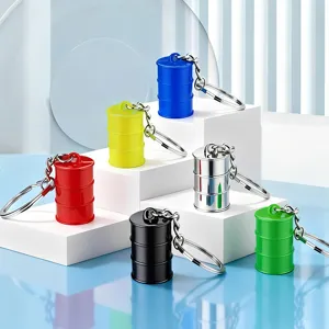 Set of creative metal oil drum keychains in six vibrant colors as souvenir gift for men