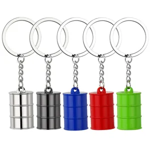 Creative metal oil barrel keychain set in 5 colors, ideal for gift or souvenirs.