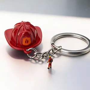 Creative firefighter helmet keychain with flame logo and miniature firefighter figure