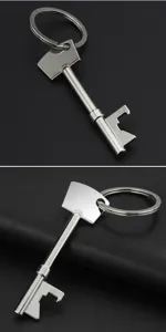 Detailed view of silver key-shaped metal keychain with integrated beer bottle opener notch